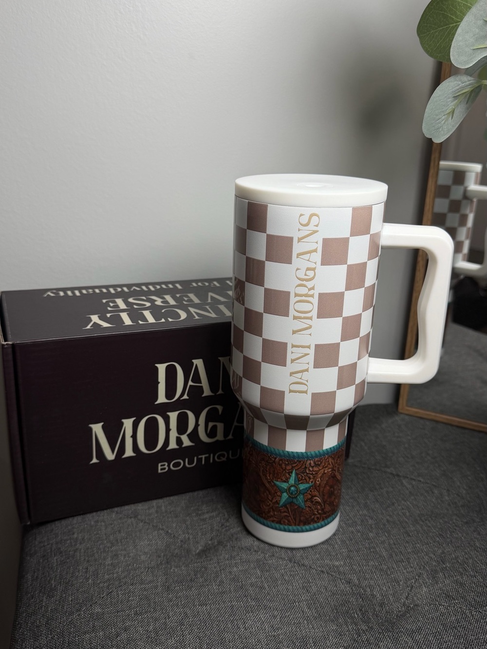 Beige Check Ceramic Travel Mug with Lid